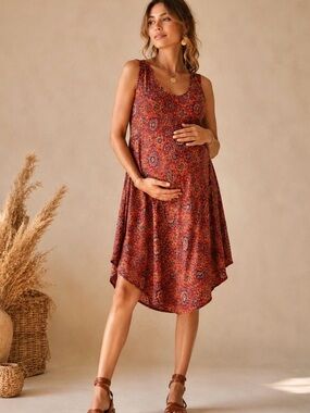 Organic Viscose Boho Maternity & Postpartum Retro Print Midi Summer Dress S/M
